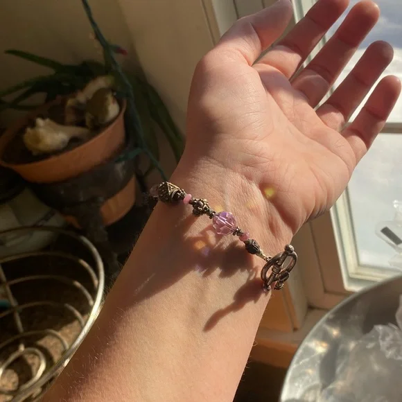 Vintage Silver and Pink Beaded Bracelet with Toggle Clasp - Picture 6 of 9